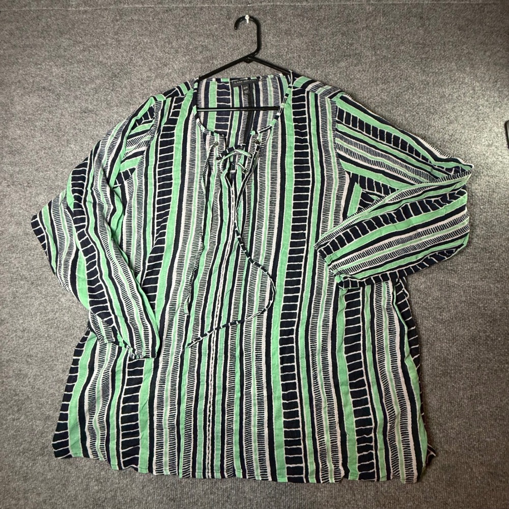 Lane Bryant Green Navy Striped Lace Up Cotton Tunic Top Plus Size 22/24